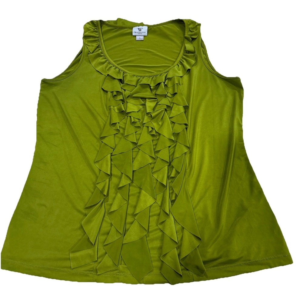Worthington Top Green‎ Blouse Sz L Ruffled Round Neck Sleeveless Front Ruffle